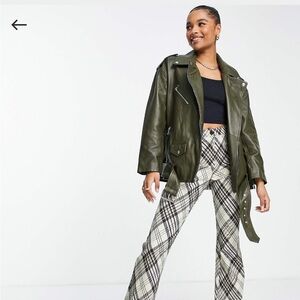 ASOS design petite leather jacket in khaki